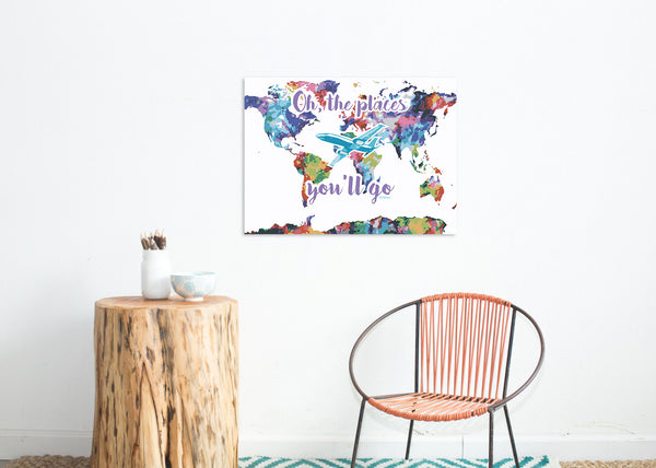 Oh The Places You'll Go Map Watercolor, Print or Canvas