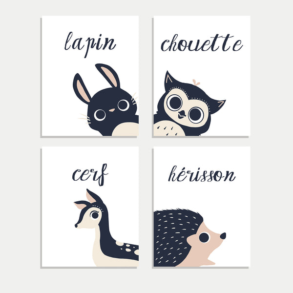 Set of Four Prints Peeking Animals in English, Spanish, French, Italian or Dutch