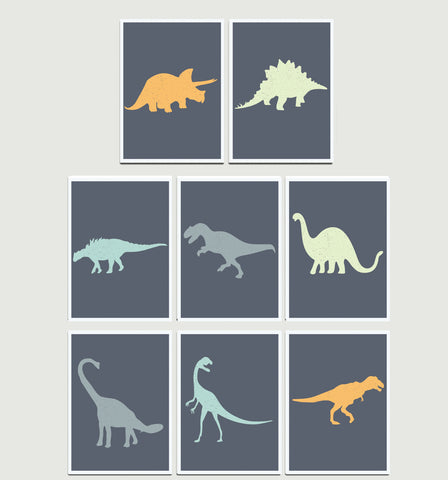 Dinosaur Wall Cards - Set of Eight 5 x 7 in, Playroom, Kid's Room Decor