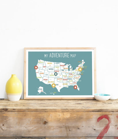 My Adventures USA Wall Art Map Blue with stickers