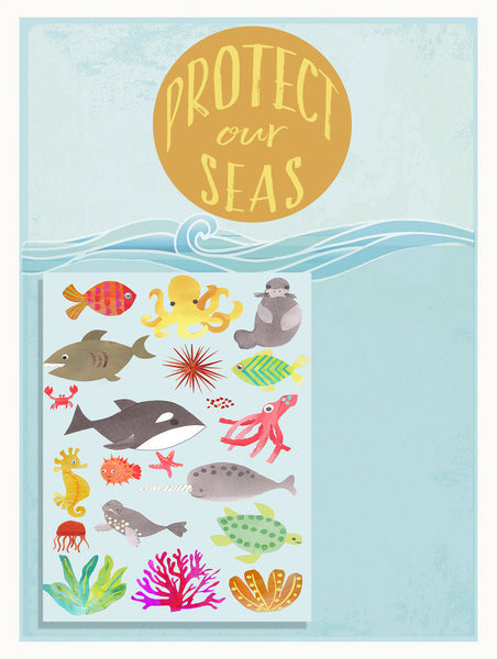 Protect Our Seas 18 x 24 Print + 20 Stickers, Travel, Educational, Playroom Decor