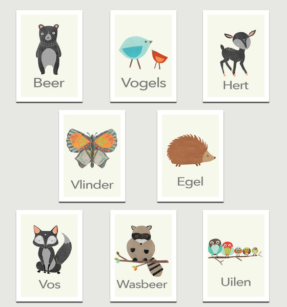Nature Animal Mini Print Set of Eight 5 x 7 Wall Cards in English, Spanish or Dutch