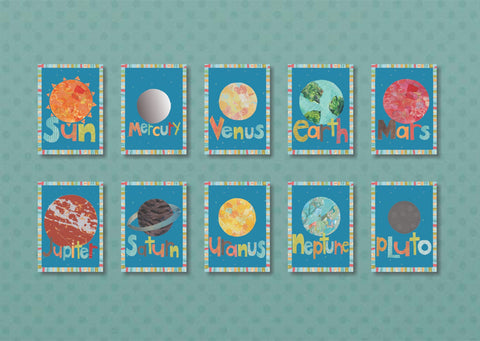 Solar System Planet Wall Cards - Set of Ten 5x7 Wall Art