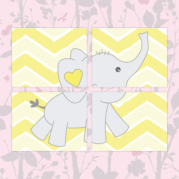 Print or Canvas, Baby Elephant Chevron Background - Set of 4 - Personalize it!
