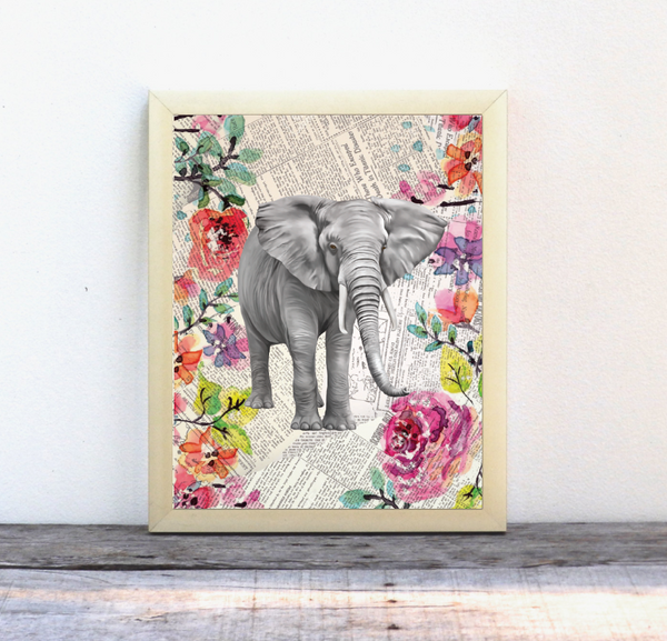 Elephant Newspaper Watercolor Print, Gender Neutral, Wall Print