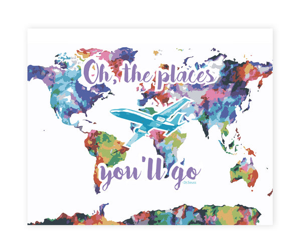 Oh The Places You'll Go Map Watercolor, Print or Canvas