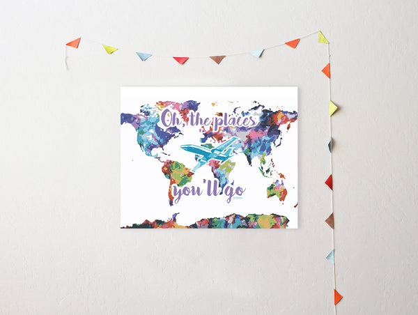 Oh The Places You'll Go Map Watercolor, Print or Canvas