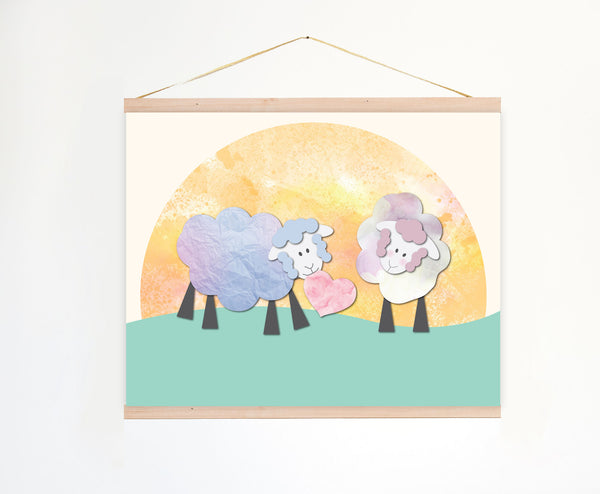 Loving Sheep Sharing Heart, Canvas or Print, Baby Nursery Decor, Playroom, Nursery Wall Art