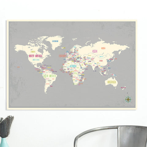 World Map Gray with Capitals, Canvas or Print, Educational Wall Art
