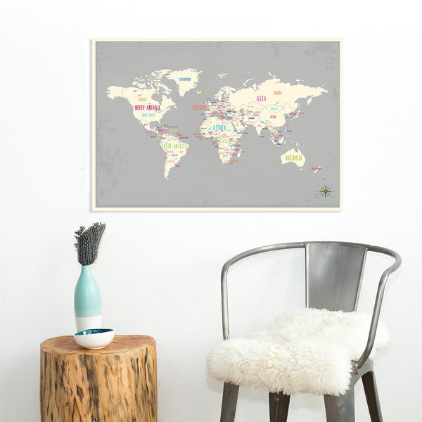 World Map Gray with Capitals, Canvas or Print, Educational Wall Art