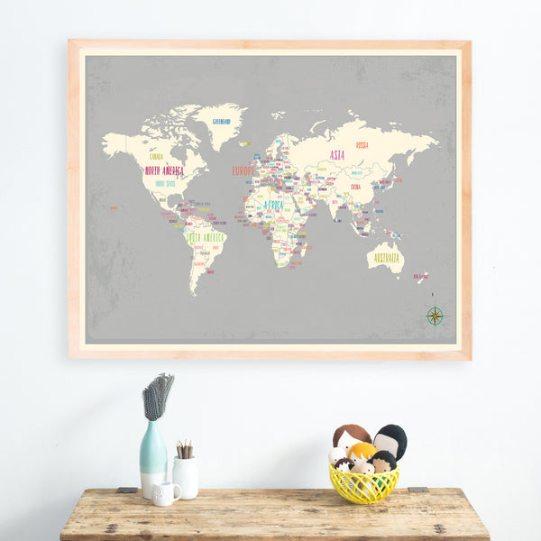 World Map Gray with Capitals, Canvas or Print, Educational Wall Art