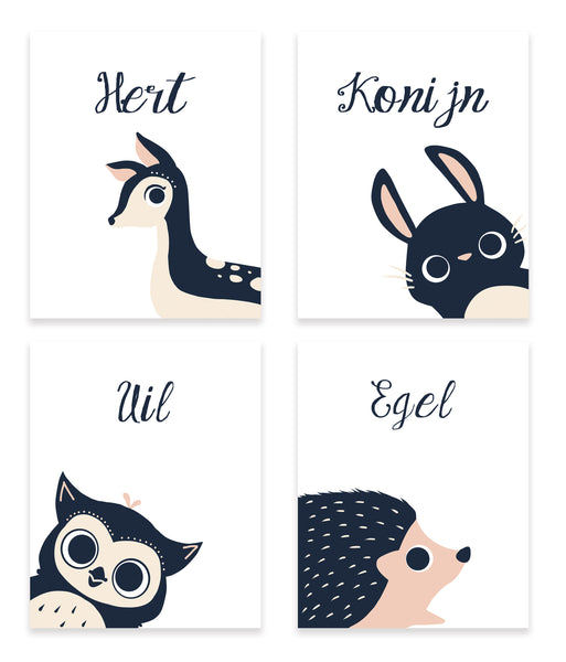Peeking Animals in English, Spanish, French, Italian or Dutch - Set of Four 11x14 Canvas