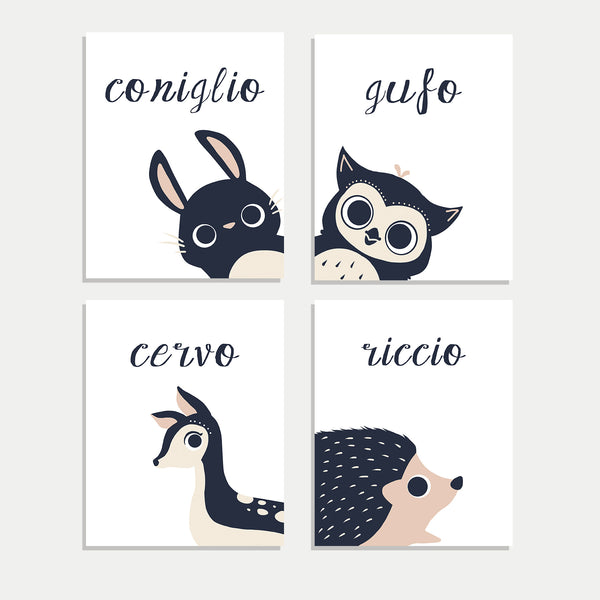 Set of Four Prints Peeking Animals in English, Spanish, French, Italian or Dutch