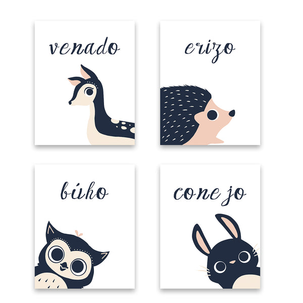 Peeking Animals in English, Spanish, French, Italian or Dutch - Set of Four 11x14 Canvas