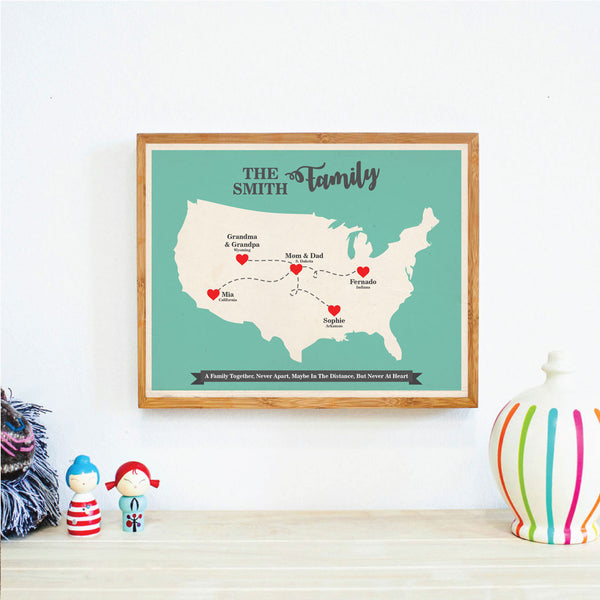 Long Distance Family Map, Personalized Grandparent Family Gift,  USA Map