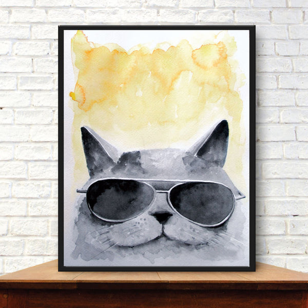 Whimsical Cat, Cool Cat, Catnip Print, Watercolor Painting, Playroom Decor