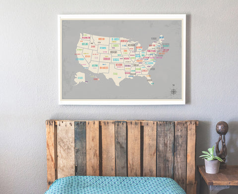 USA Map with Capitals in Gray, Educational decor, Playroom, Nursery Wall Art