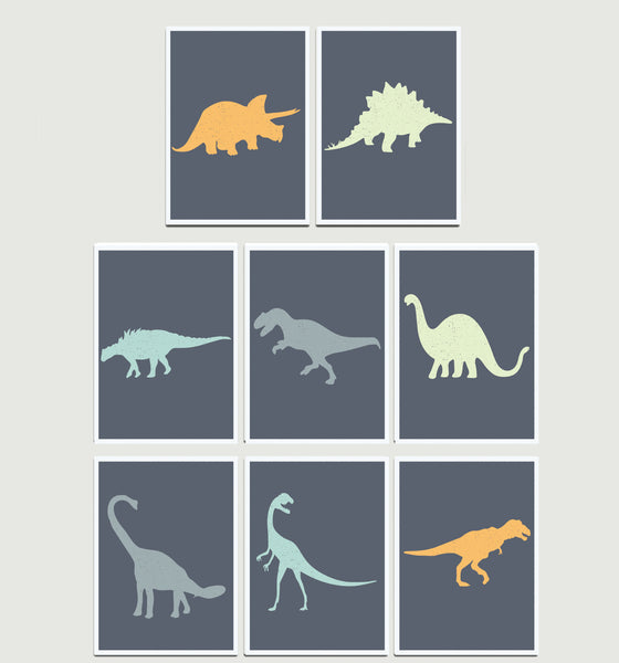 Dinosaur Wall Cards - Set of Eight 5 x 7 in, Playroom, Kid's Room Decor