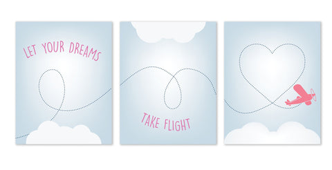 Canvas or Print, Let Your Dreams Take Flight Collection in Pink Set of 3