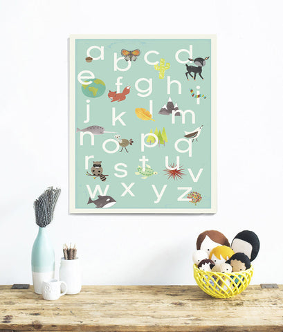 Our World Alphabet in Blue Print or Canvas, ABC, Educational, Playroom Decor