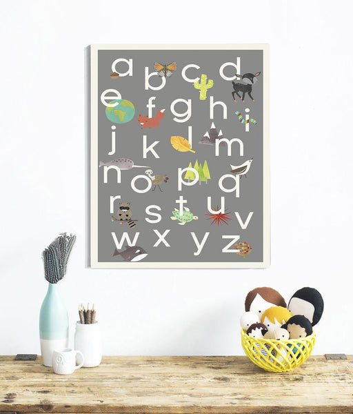Our World Alphabet in Grey Print, ABC, Educational, Playroom Decor
