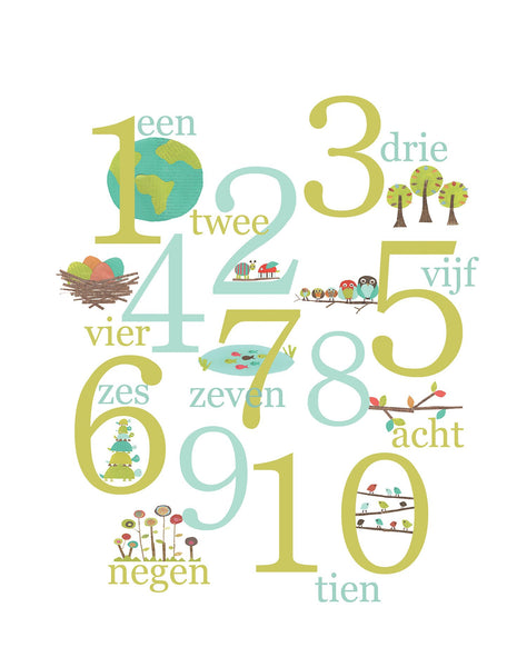 Numbers Poster - Multi Language Canvas or Print, Children's Nature Themed Counting Poster