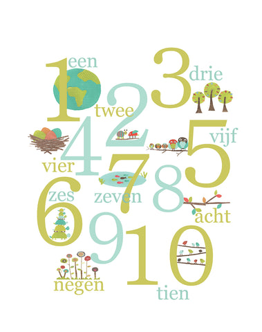 Numbers Poster - Multi Language Canvas or Print, Children's Nature Themed Counting Poster
