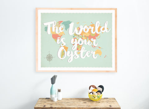 The World Is Your Oyster Map, Canvas or Print, Educational, Playroom Decor