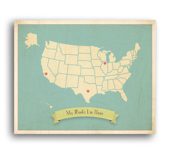 My Roots USA Customizable Map, Canvas or Print, Travel, Inspirational