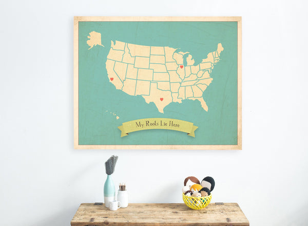 My Roots USA Customizable Map, Canvas or Print, Travel, Inspirational