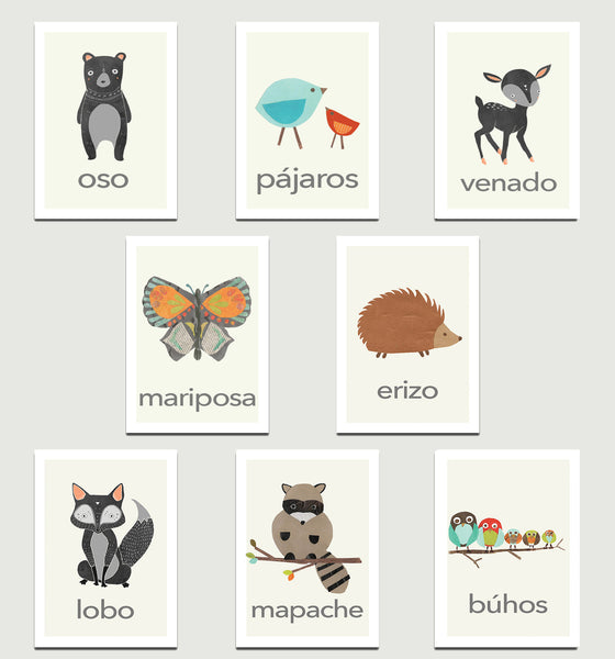 Nature Animal Mini Print Set of Eight 5 x 7 Wall Cards in English, Spanish or Dutch