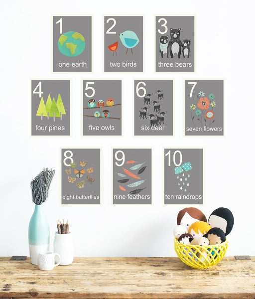Our World Grey Nature Number Cards in English, Spanish or Dutch - Set of Ten 5 x 7 Cards