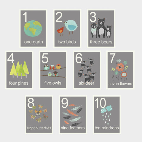 Our World Grey Nature Number Cards in English, Spanish or Dutch - Set of Ten 5 x 7 Cards