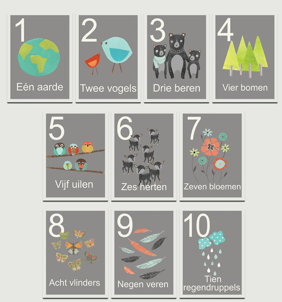 Our World Grey Nature Number Cards in English, Spanish or Dutch - Set of Ten 5 x 7 Cards