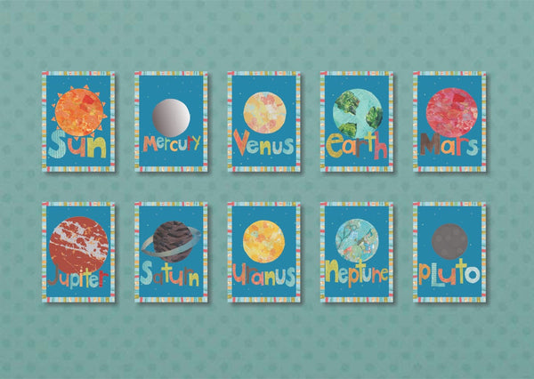 Solar System Planet Wall Cards - Set of Ten 5x7 Wall Art 