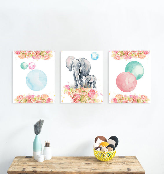 Print or Canvas, Elephant Watercolor Collection, Set Of 3